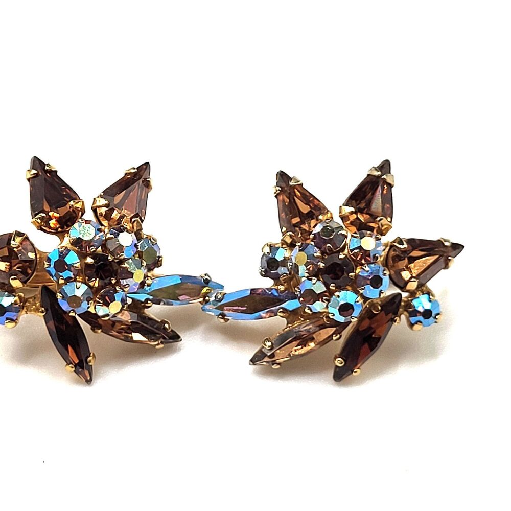 Sherman Vintage Clip On AB Crystal Chocolate Earrings 1in